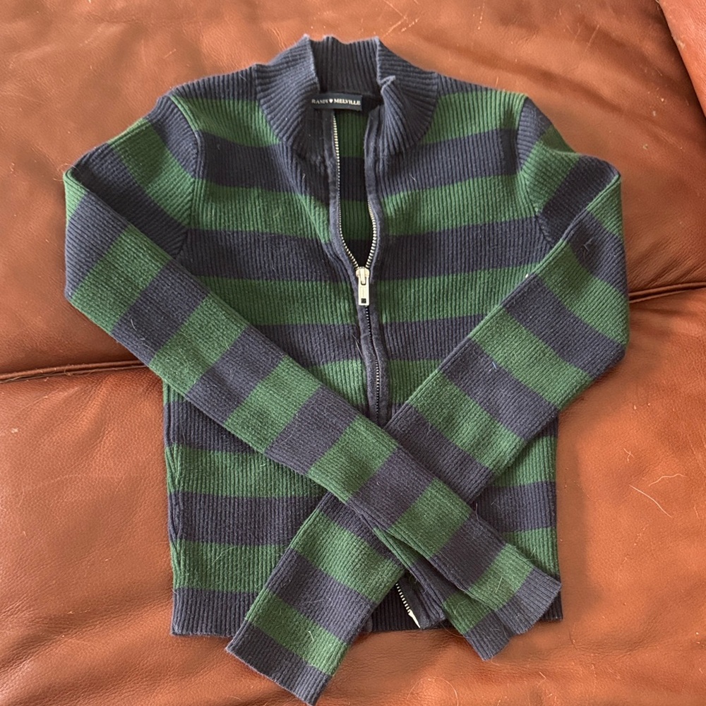 BRANDY MELVILLE Striped Green and Blue DOUBLE ZIP Sweater